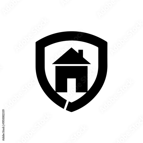 Simple black icon of a house inside a protective shield for home security concept