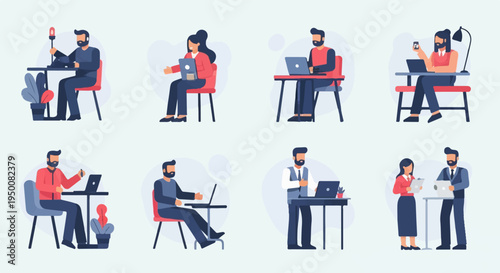 Diverse individuals engaged in various professional activities at desks, illustrating modern work
