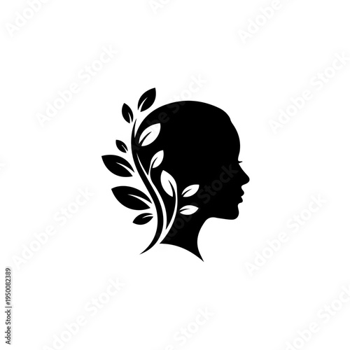 Elegant woman profile silhouette with organic leaf hair growth concept for wellness and beauty