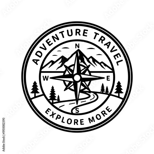 Vintage style badge emblem for outdoor exploration and adventure travel, featuring mountains, compass, and forest scenery