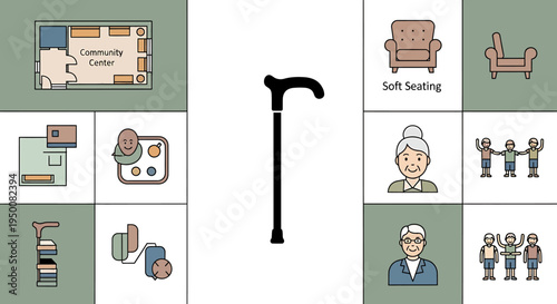 Black Walking Stick Cane Illustration.
