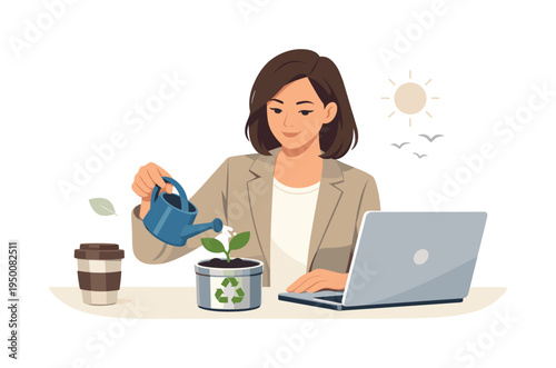 A professional embracing simple sustainable habits in everyday lifestyle, visual metaphor of a person watering a small plant growing from a reusable container placed beside a