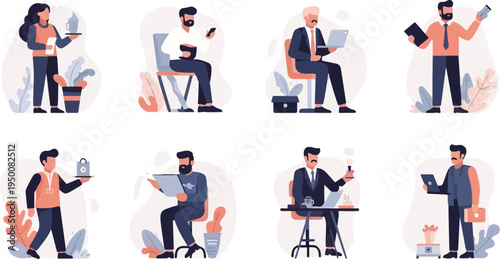 Diverse individuals engaged in various professional activities, including office work and service