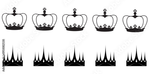 Elegant Black Crown Silhouette Set Collection, Royal King and Queen Crown Vector Icons