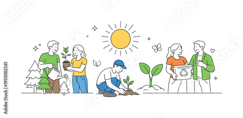 A green lifestyle and eco friendly initiative scene where people support environmental sustainability and natural landscapes together, expressed through a simple visual metaphor of