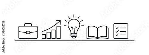 Career development and professional growth through continuous learning, skill building, and steady progress in modern work environments, briefcase, upward arrow chart, light bulb