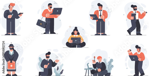 Diverse individuals engaged in various professional activities with digital devices