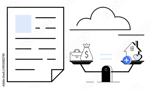 Financial decision making. Weighing money, investment, and assets on a balanced scale financial decision making. Ideal for financial planning, investment strategies, cloud-based solutions, loans