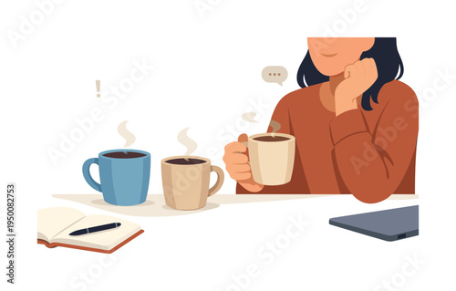 A cozy everyday beverage moment showing a person enjoying a calm coffee break during a work or study pause, represented with two simple coffee mugs and a small rising steam element