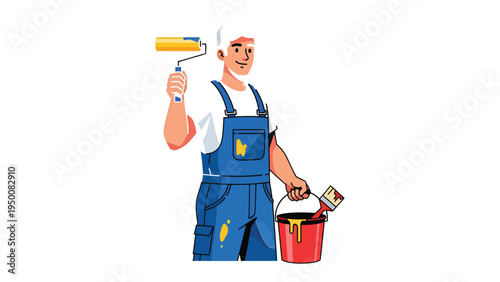 Craftsman Painter at Work: A skilled painter meticulously applies paint with a roller and brush, a bucket full of paint in hand, ready to transform any surface.