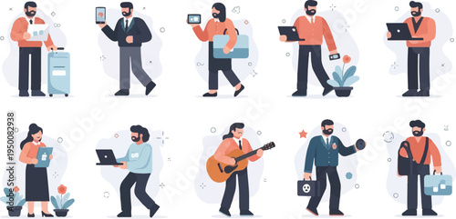 Diverse individuals engaged in various professional and leisure activities, including tech use and music