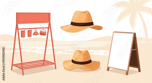 Straw Hats and Beach Accessories Display.