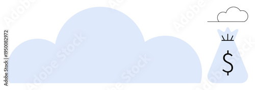 Large cloud graphic paired with a money bag featuring a dollar sign. Ideal for digital savings, financial management, cloud computing, online storage, fintech, data security, and digital economics