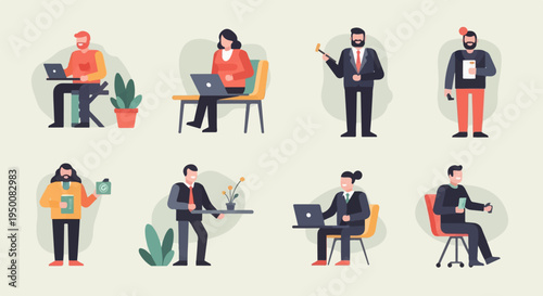 Diverse individuals engaged in various professional activities, working and interacting