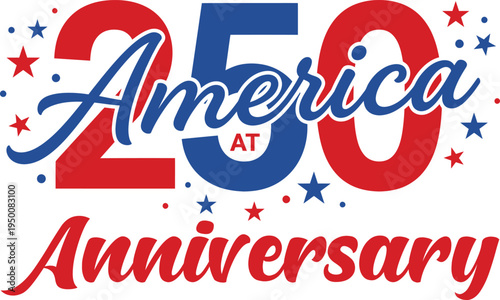 America 250 anniversary logo with red white and blue stars and text