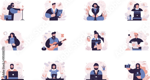 Diverse individuals engaged in various professional and creative pursuits, styled illustratively