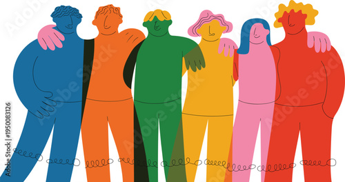 Diverse people friendship illustration, multicultural community group hugging, inclusivity, unity, social connection, diversity concept vector