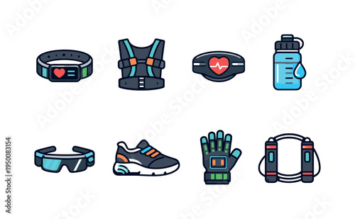 Futuristic wearable fitness devices: smart wristband, posture correction vest, heart rate sensor, hydration tracker bottle, AR workout glasses, smart running shoes, haptic feedback