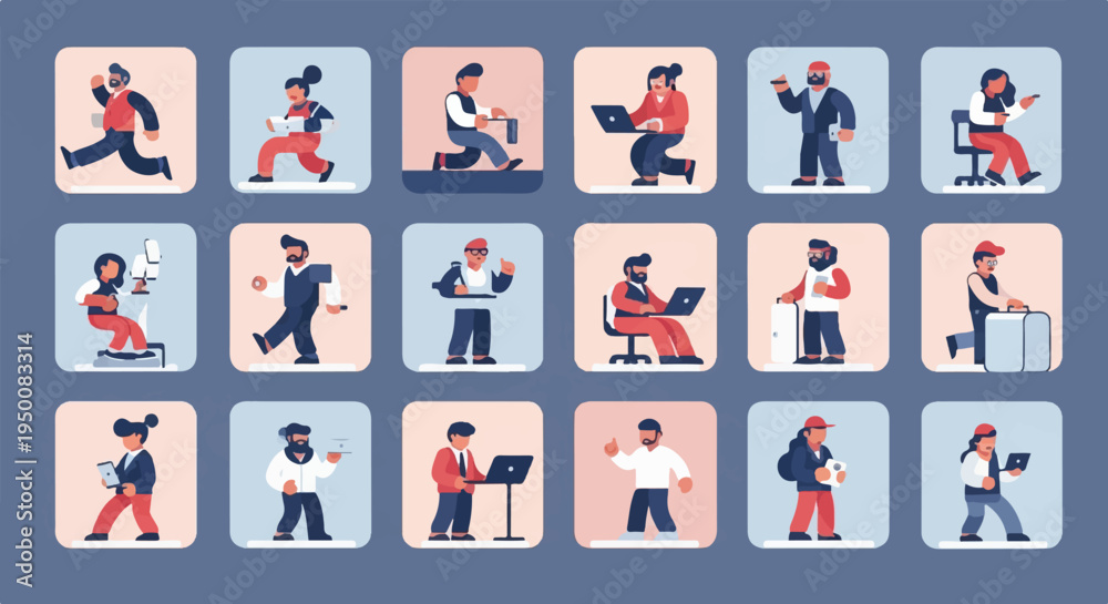 Fototapeta premium Diverse individuals engaged in various professional and personal activities, shown in grid