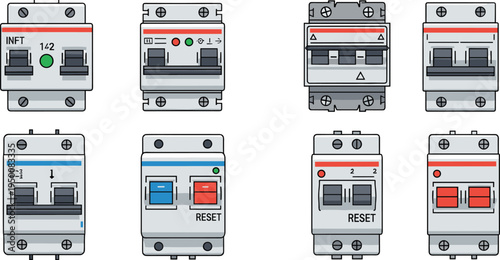 Vector illustration set of electrical circuit breakers featuring switches, reset buttons, indicators, overload protection devices, and safety hardware designs.