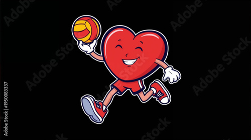 vector illustration of a cartoon heart character wearing a volleyball uniform and cleats, serve a volleyball on black background