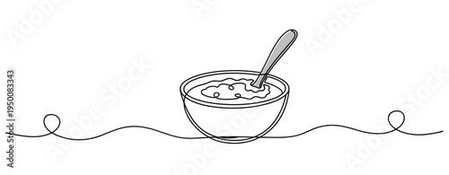 Bowl with spoon holding porridge on minimal line surface. no editable strokes