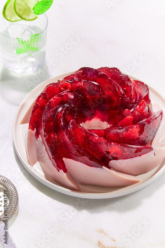 Jelly cake on a white marble background