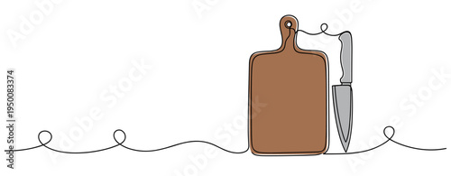 Cutting board leaning beside knife on wavy line surface. no editable strokes