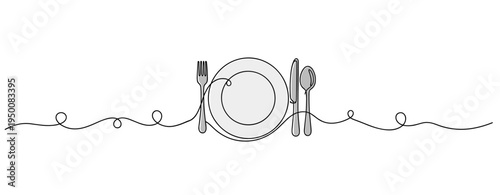 Table setting with plate and cutlery on continuous line. no editable strokes