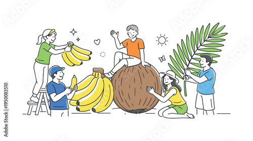 A botanical food illustration scenario where people organize bright tropical fruits for educational materials and healthy lifestyle themed visual projects, visual metaphor of a