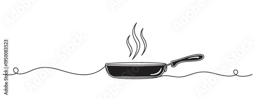 Frying pan releasing steam in continuous line studio setting. no editable strokes