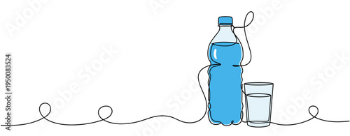 Water bottle and glass filled with water on continuous line. no editable strokes