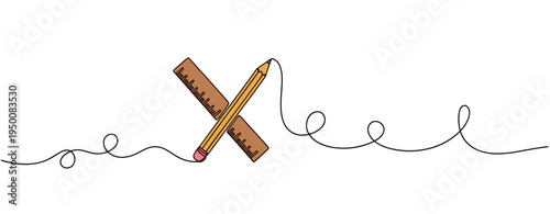 Pencil and ruler crossed on continuous line white background. no editable strokes