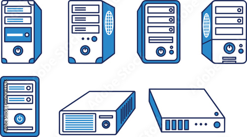 Stylized vector illustration set of desktop computer towers and servers featuring hardware enclosures, front panel designs, and technology icons.