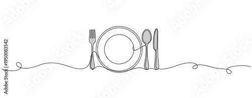 Plate and cutlery arranged on continuous line against white background. no editable strokes