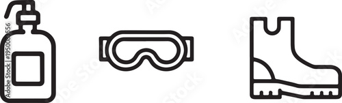 Personal protective equipment and cleaning supplies icon set on grid