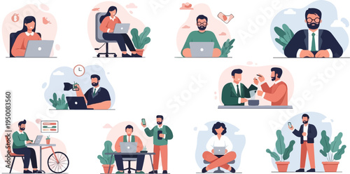 Diverse individuals engaged in various professional and creative pursuits, using technology and interacting