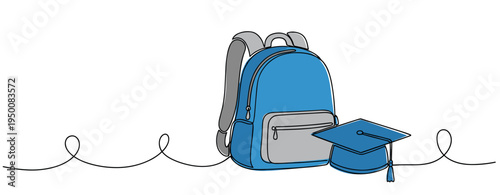 School backpack beside graduation cap on wavy line background. no editable strokes