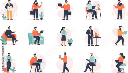 Diverse office workers engage in various activities, including using laptops and holding drinks