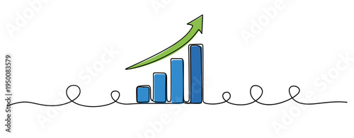 Bar chart rising with green arrow on flat white background. no editable strokes