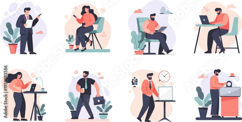Diverse office workers engage in various daily tasks and activities