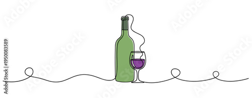 Wine bottle and glass filled standing on white background. no editable strokes