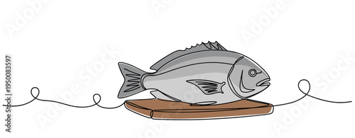 Whole fish resting on cutting board in continuous line illustration. no editable strokes