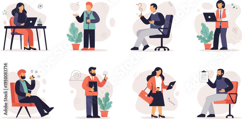 Diverse office workers engaged in various professional activities and breaks