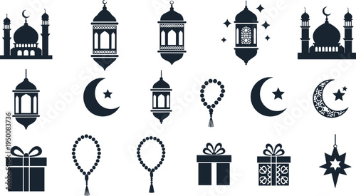 Comprehensive Islamic icon collection featuring mosques, lanterns, crescent moons, stars, prayer beads, gift boxes, and decorative motifs for Ramadan and Eid ul-Fitr festive artwork.