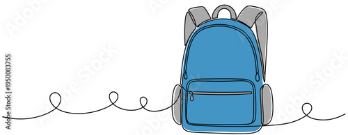 Blue backpack standing on continuous line minimalist background. no editable strokes