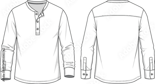 Men long sleeve henley shirt technical fashion illustration, front and back view, button placket casual top flat sketch apparel vector
