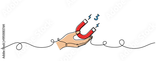 Hand holding magnet emitting sparks on continuous white background. no editable strokes