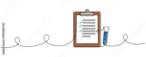Clipboard checklist with test tube and blue liquid on surface. no editable strokes
