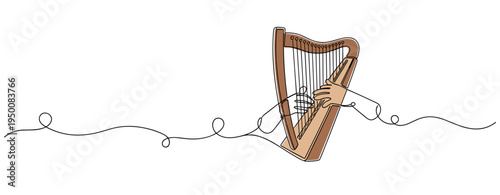 Hands playing harp on continuous line simple white background. no editable strokes